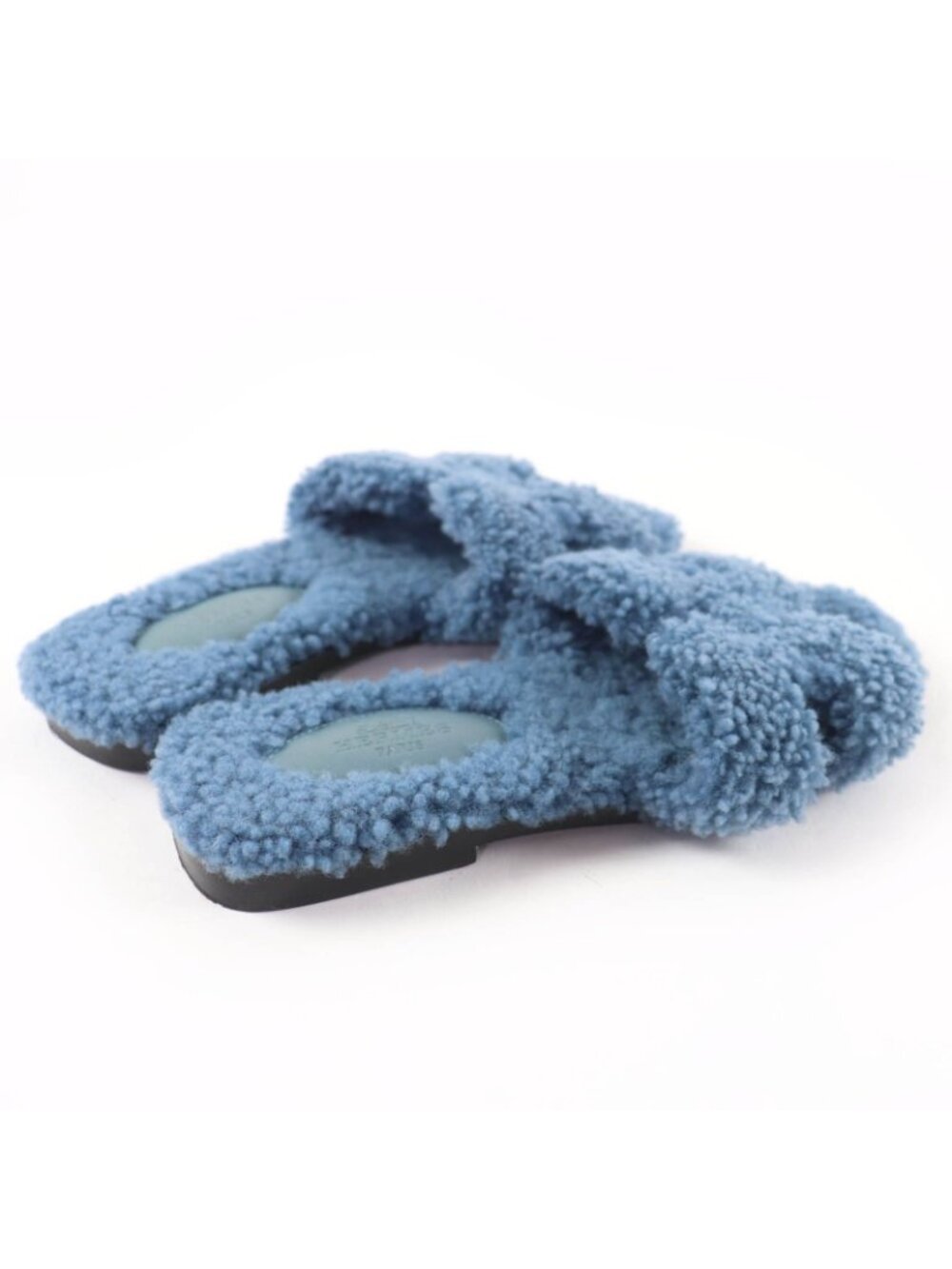 Hermes Oran Shearling Leather Mules Flat Sandals Blue - Picture 3 of 10